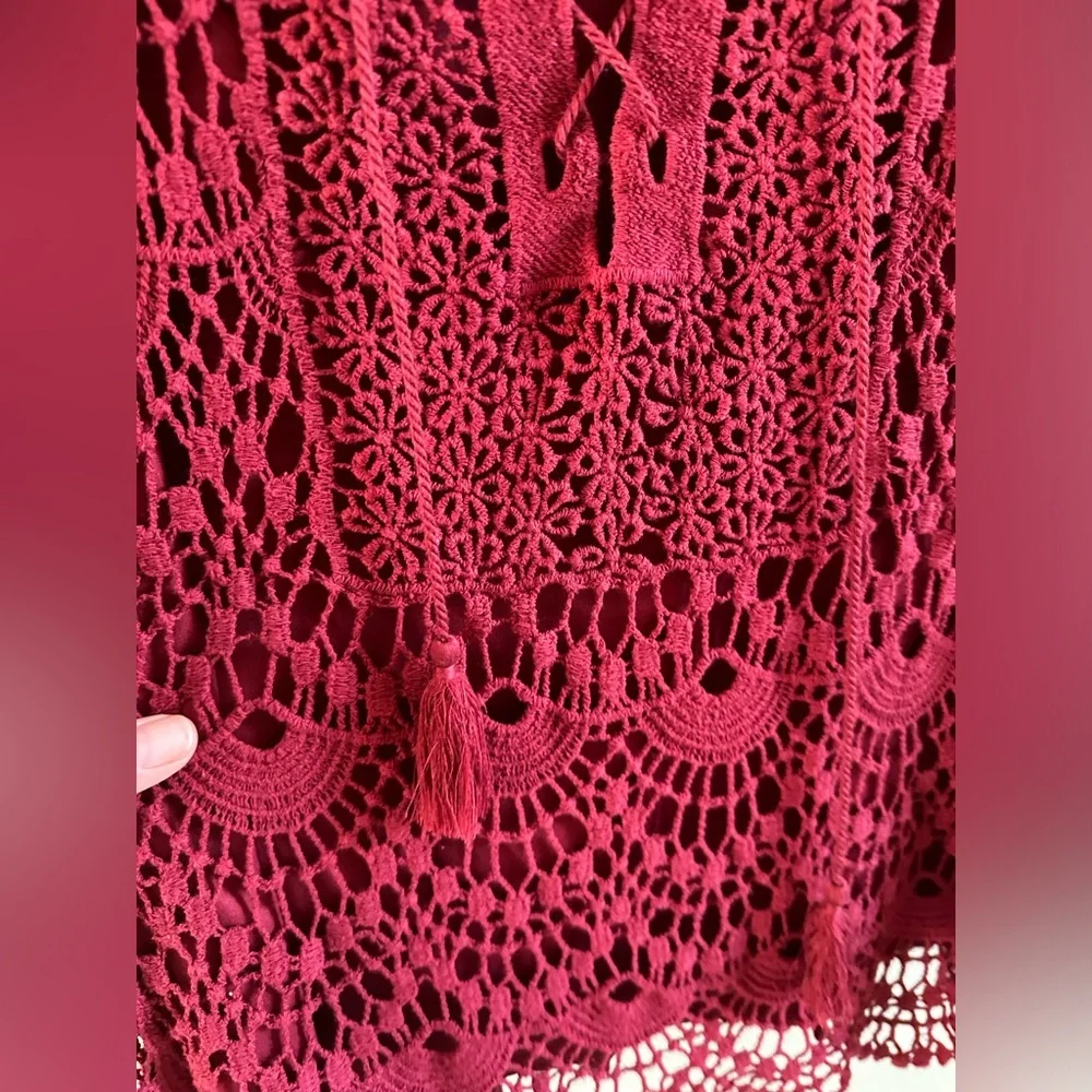 Christopher & Banks Dark Red Crochet top with scallop edge BoHo